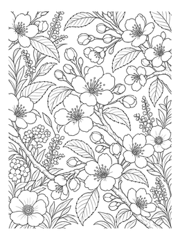 Detailed cherry blossom branches fill this spring flowers coloring page.