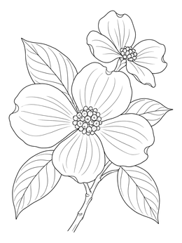 A detailed spring flowers coloring page showing blooming dogwood blossoms with leaves.