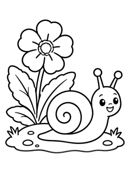 A cheerful cartoon snail in a spring flowers coloring page next to a primrose.