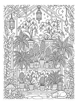 A peaceful greenhouse scene on this spring flowers coloring page with potted orchids and hyacinths.