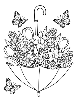 An umbrella bouquet with butterflies on this spring flowers coloring page.