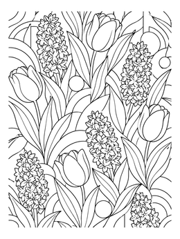 A detailed spring flowers coloring page with blooming tulips and hyacinths.