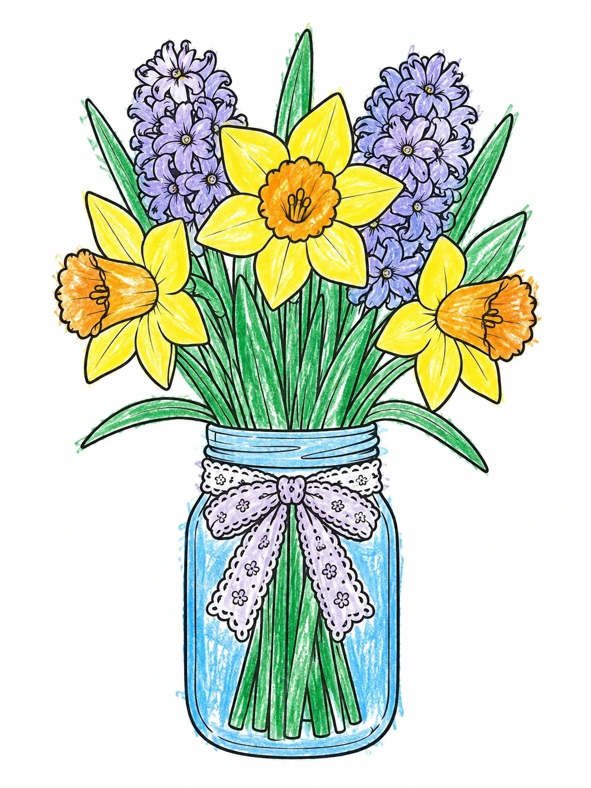 Colored example of the Spring Flowers In A Mason Jar coloring page