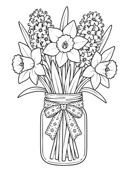 Blooming daffodils and hyacinths in a glass jar on this mason jar coloring page.
