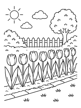 Free printable Row Of Blooming Garden Tulips coloring page