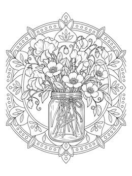 Detailed spring flowers coloring page with sweet peas and buttercups in a mason jar.