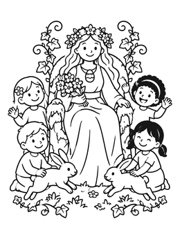 Free printable Spring Goddess Ostara With Children And Bunnies coloring page