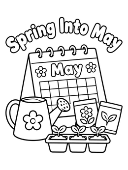 A desk calendar, watering can, and seedlings on a may coloring page.
