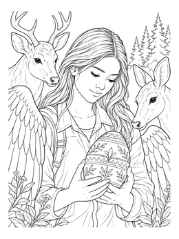 A young woman holding a patterned egg near deer in this detailed ostara coloring page.