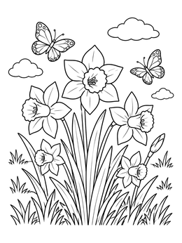 A cheerful daffodil flower coloring page featuring blooming daffodils, fluttering butterflies, and fluffy clouds.