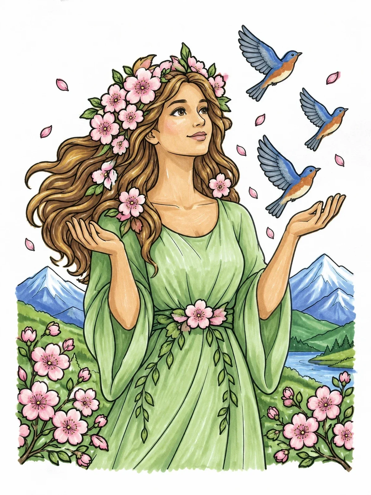 Colored example of the Spring Mother Nature Releasing Birds coloring page