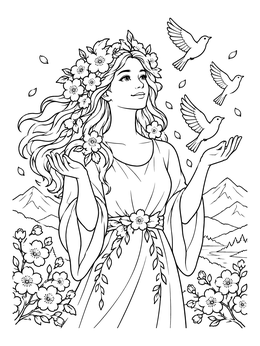 Free printable Spring Mother Nature Releasing Birds coloring page
