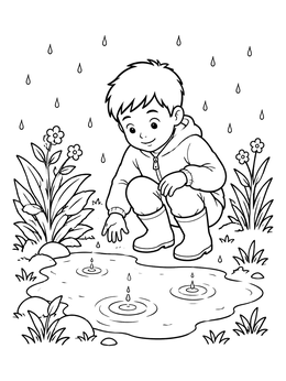 Free printable Boy Watching Raindrops In A Puddle coloring page
