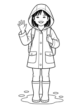 A smiling child waves in a puddle on this spring rain coloring page.