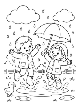 Free printable Children Splashing In Rain Puddles coloring page
