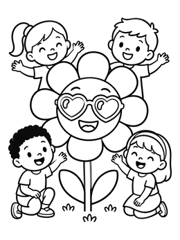 Free printable Smiling Flower With Cheerful Children coloring page