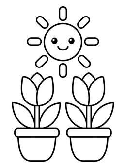 Free printable Smiling Sun And Potted Tulips coloring page