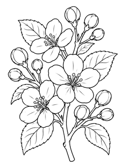 Detailed spring tree coloring page showing blooming apple blossoms with rounded buds and leaves.
