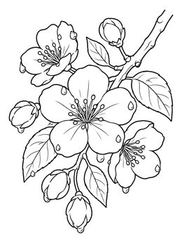 Detailed spring tree coloring page showing blooming flower blossoms with morning dew.