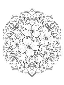 A blooming dogwood branch framed in an ornate mandala on this spring tree coloring page.