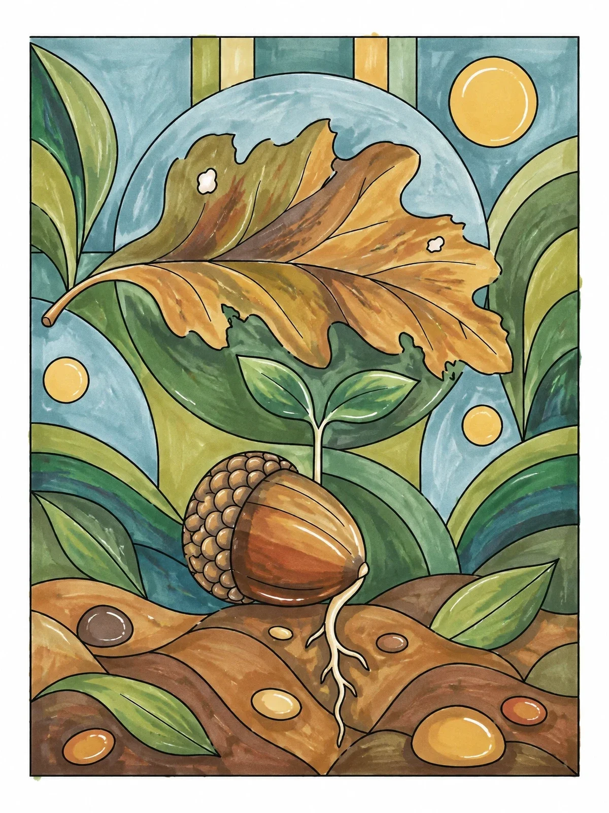 Colored example of the Sprouting Acorn With Oak Leaf coloring page