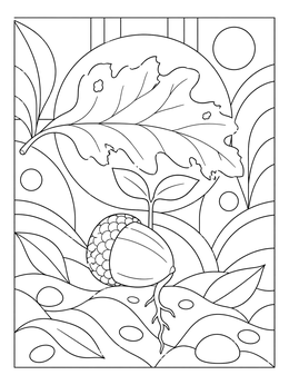 A sprouting acorn with root and seedling featured in this oak tree coloring page.