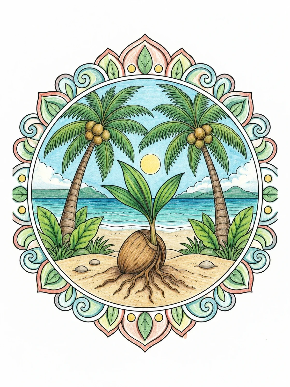 Colored example of the Sprouting Coconut On Tropical Beach Mandala coloring page