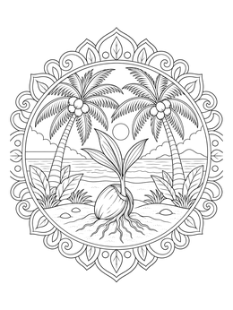 A sprouted coconut growing roots on a sunny beach in this coconut coloring page framed by a mandala.