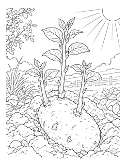 A sprouting potato tuber in the soil under the sun in this potato plants coloring page.
