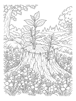 A peaceful tree coloring page featuring fresh saplings growing from a stump surrounded by clover.