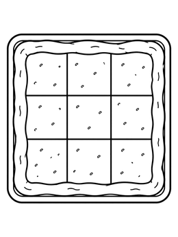 A square pan pizza coloring page divided into nine neat crust slices.