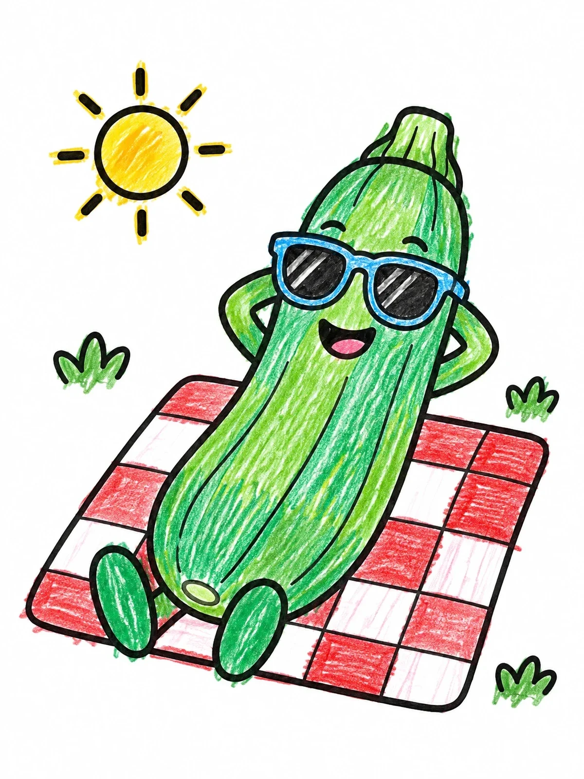 Colored example of the Cool Zucchini Sunbathing On Blanket coloring page