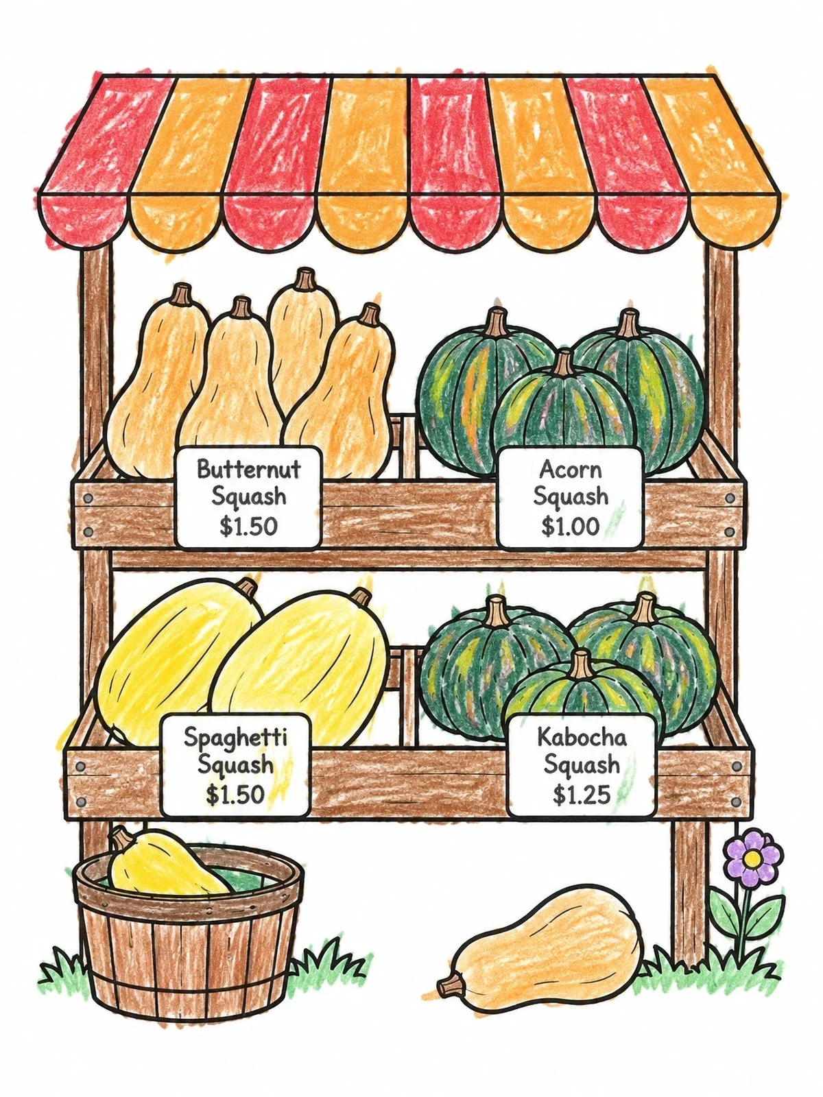 Colored example of the Winter Squash Farm Stand Display coloring page