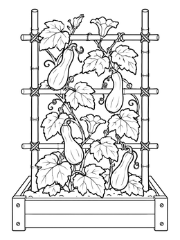 A garden planter box in this squash coloring page shows climbing vines, leaves, and hanging vegetables on a trellis.
