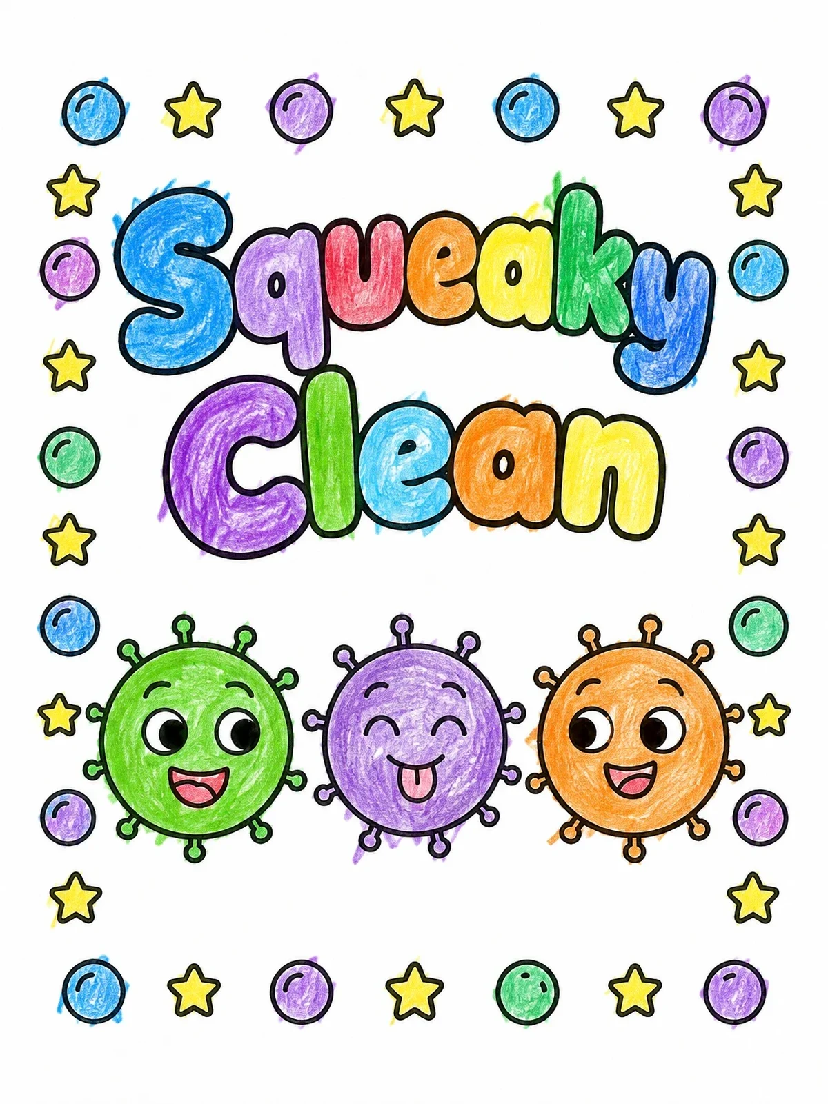 Colored example of the Squeaky Clean Cute Germ Trio coloring page