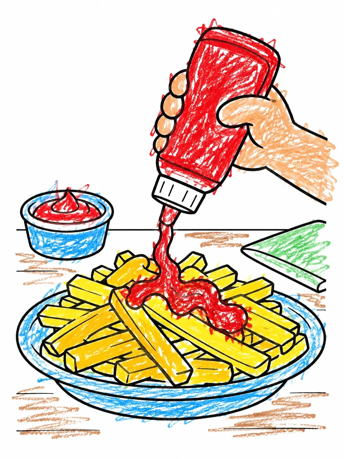 Colored example of the Squeezing Sauce On French Fries coloring page