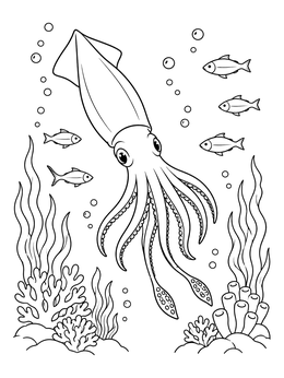 An underwater squid coloring page with tiny fish, sea plants, and bubbles.