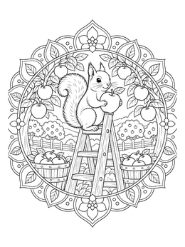 A squirrel holding an apple on a ladder inside an ornate apple picking coloring page frame.