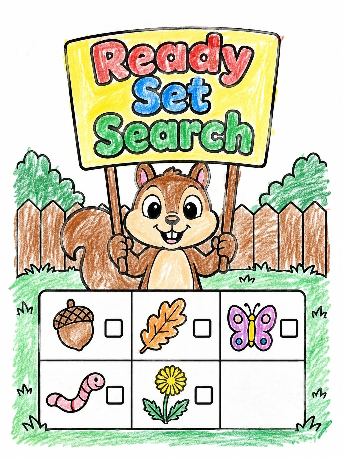 Colored example of the Squirrel Backyard Scavenger Hunt Checklist coloring page