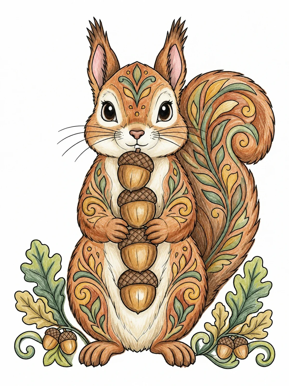 Colored example of the Squirrel Balancing A Stack Of Acorns coloring page