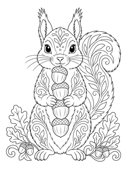 Free printable Squirrel Balancing A Stack Of Acorns coloring page