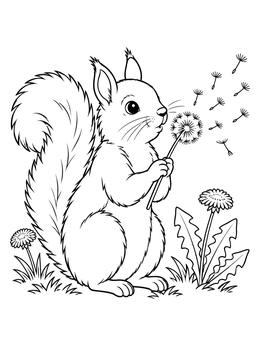 A cute squirrel coloring page showing the animal blowing dandelion seeds into the air.