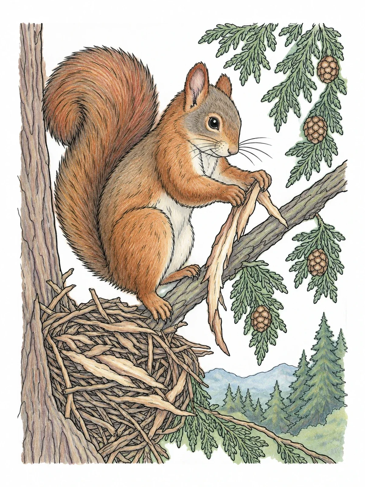 Colored example of the Squirrel Building A Tree Nest coloring page