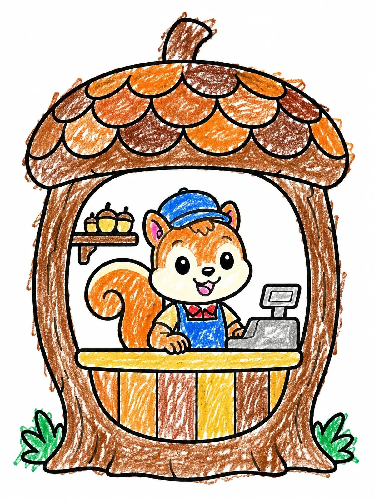 Colored example of the Squirrel Cashier In An Acorn Shop coloring page
