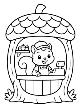 Free printable Squirrel Cashier In An Acorn Shop coloring page