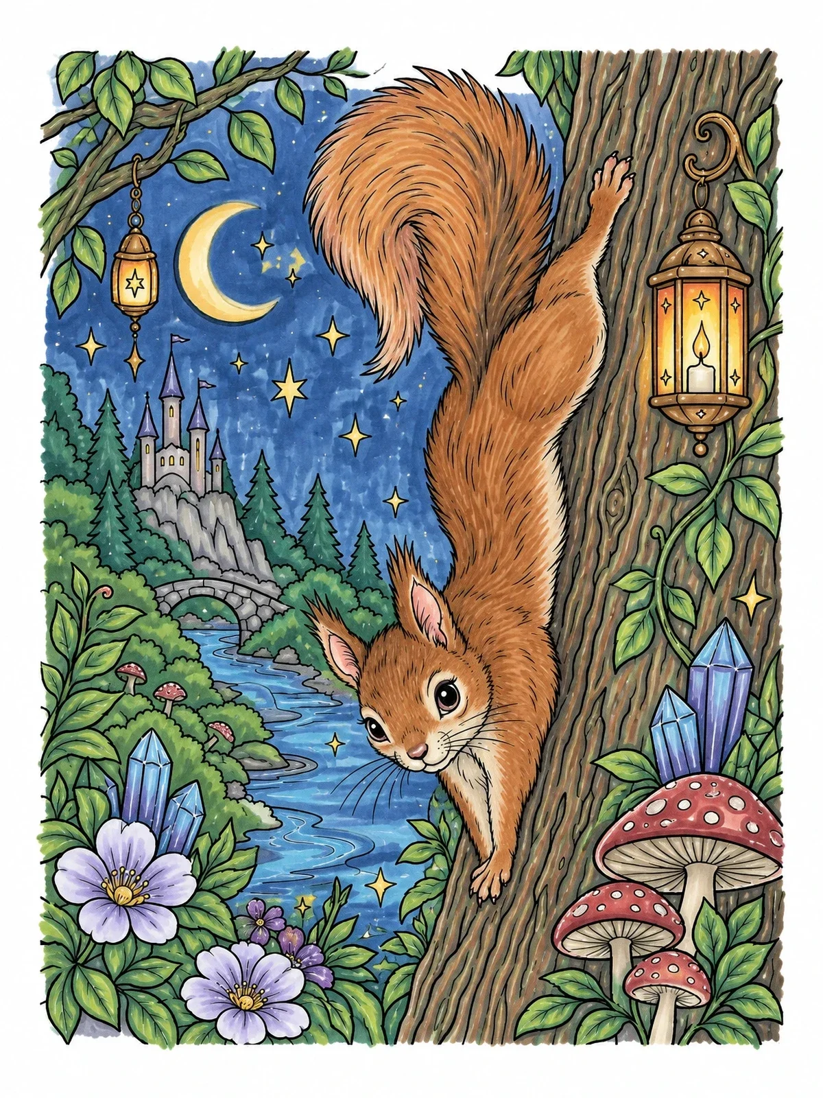 Colored example of the Squirrel Climbing Down Tree At Night coloring page