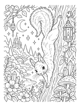 Free printable Squirrel Climbing Down Tree At Night coloring page