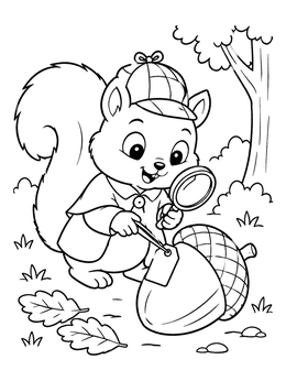 Free printable Squirrel Detective With Acorn Evidence coloring page