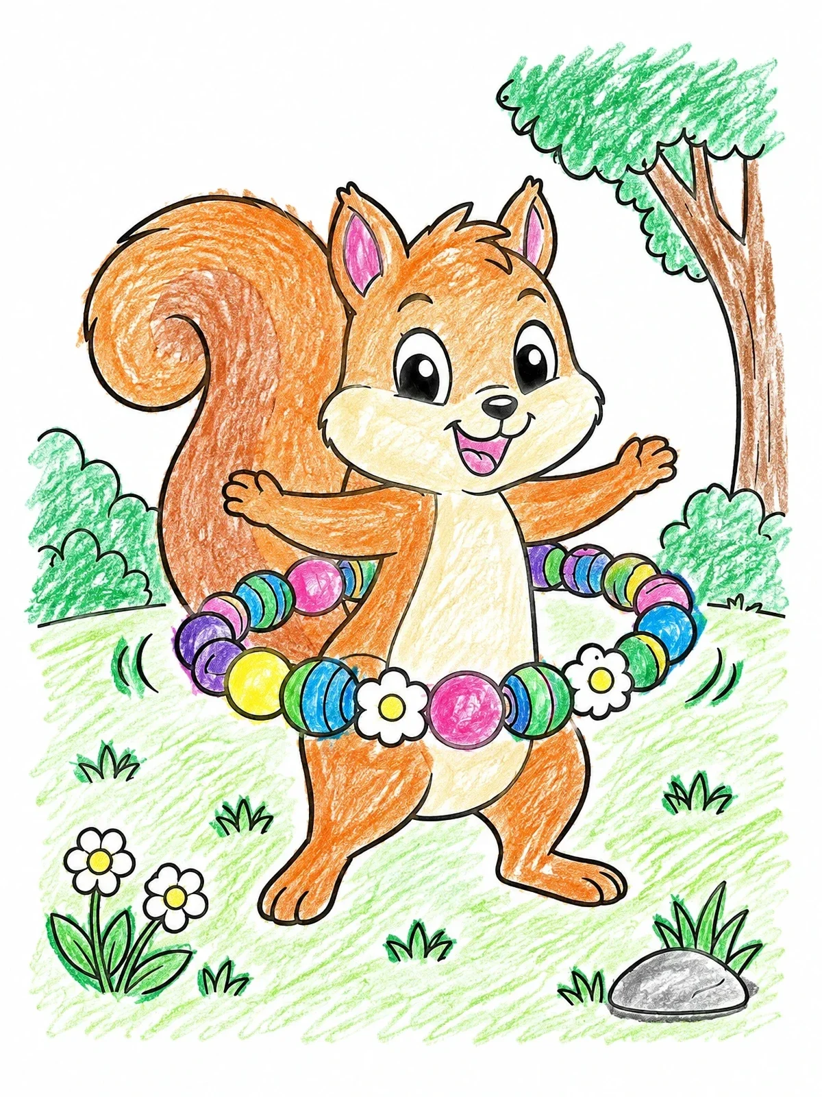 Colored example of the Squirrel Hula Hooping With Beaded Bracelet coloring page