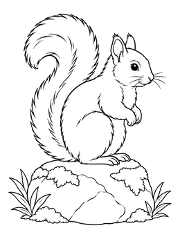 A fluffy squirrel coloring page featuring the creature sitting peacefully atop a mossy boulder.